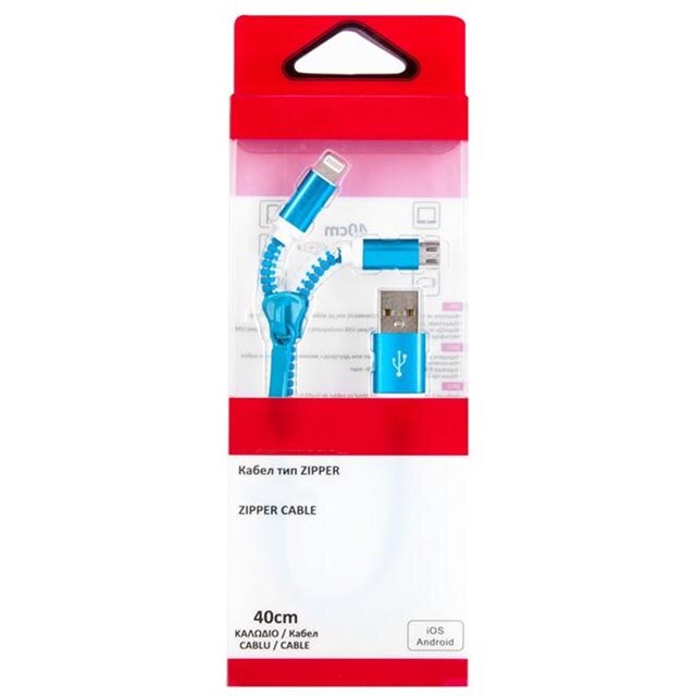 Cablu USB 2in1, Felis, Conectori MicroUSB/USB-C, Design tip fermoar, 40 cm, Albastru