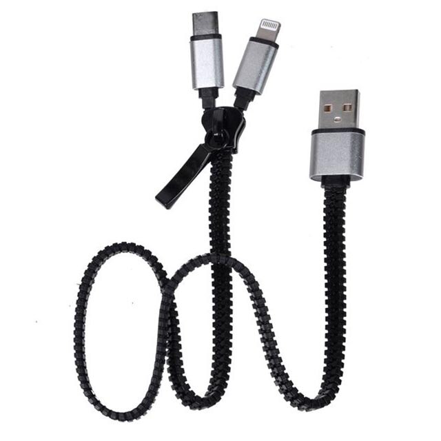 Cablu USB 2in1, Felis, Conectori MicroUSB/USB-C, Design tip fermoar, 40 cm, Negru