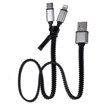 Cablu USB 2in1, Felis, Conectori MicroUSB/USB-C, Design tip fermoar, 40 cm, Negru Cablu USB 2in1, Felis, Conectori MicroUSB/USB-C, Design tip fermoar, 40 cm, Negru