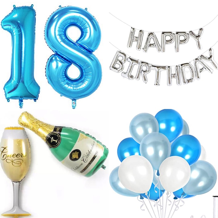 Set 32 baloane majorat, cifre, 18 ani, Glam Your Party, Albastru, Argintiu, 1 metru