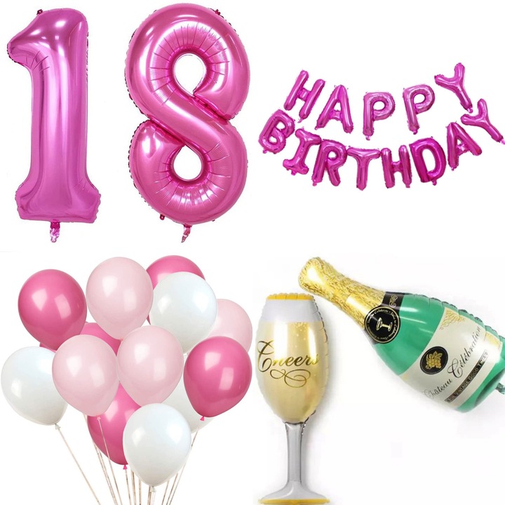 Set 32 baloane majorat, 18 ani, cifre, Glam Your Party, Roz Siclam, 1 metru