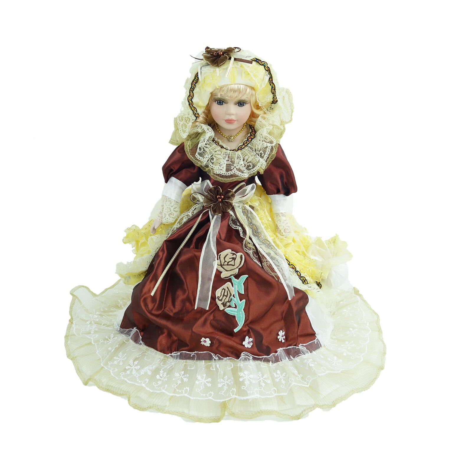 Papusa de colectie, Portelan, Rochie Vintage, cu muzica si miscare, maro, blond, 50 cm