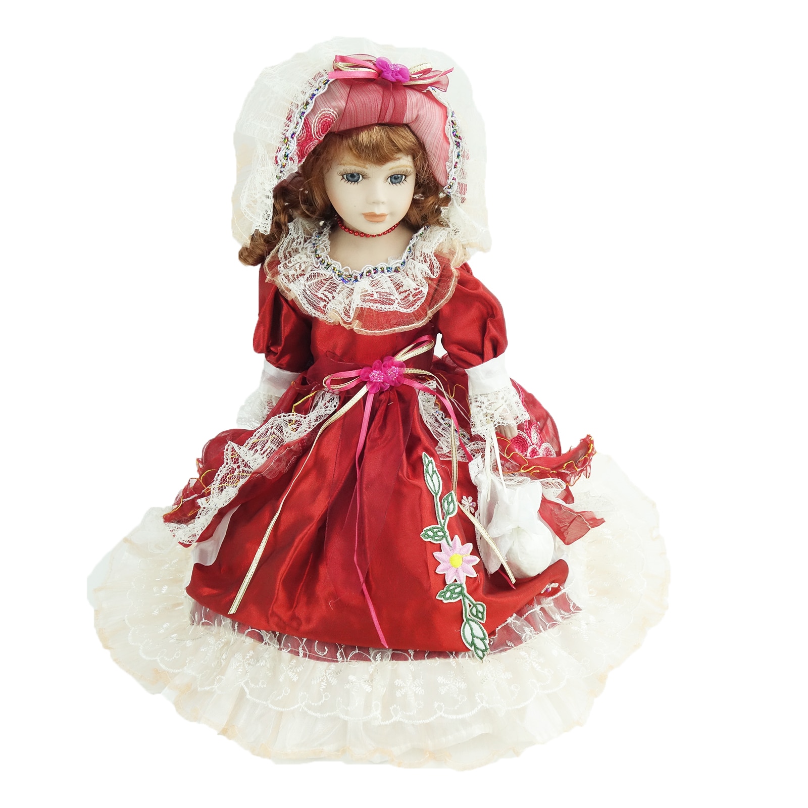 Papusa de colectie, Portelan, Rochie Vintage, cu muzica si miscare, visiniu, saten, 50 cm