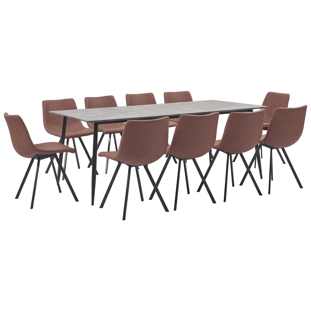 Set mobilier de bucatarie cu 1 masa si 10 scaune tapitate cu piele ecologica, vidaXL, Piele artificiala, 200 x 100 x 75cm, Maro