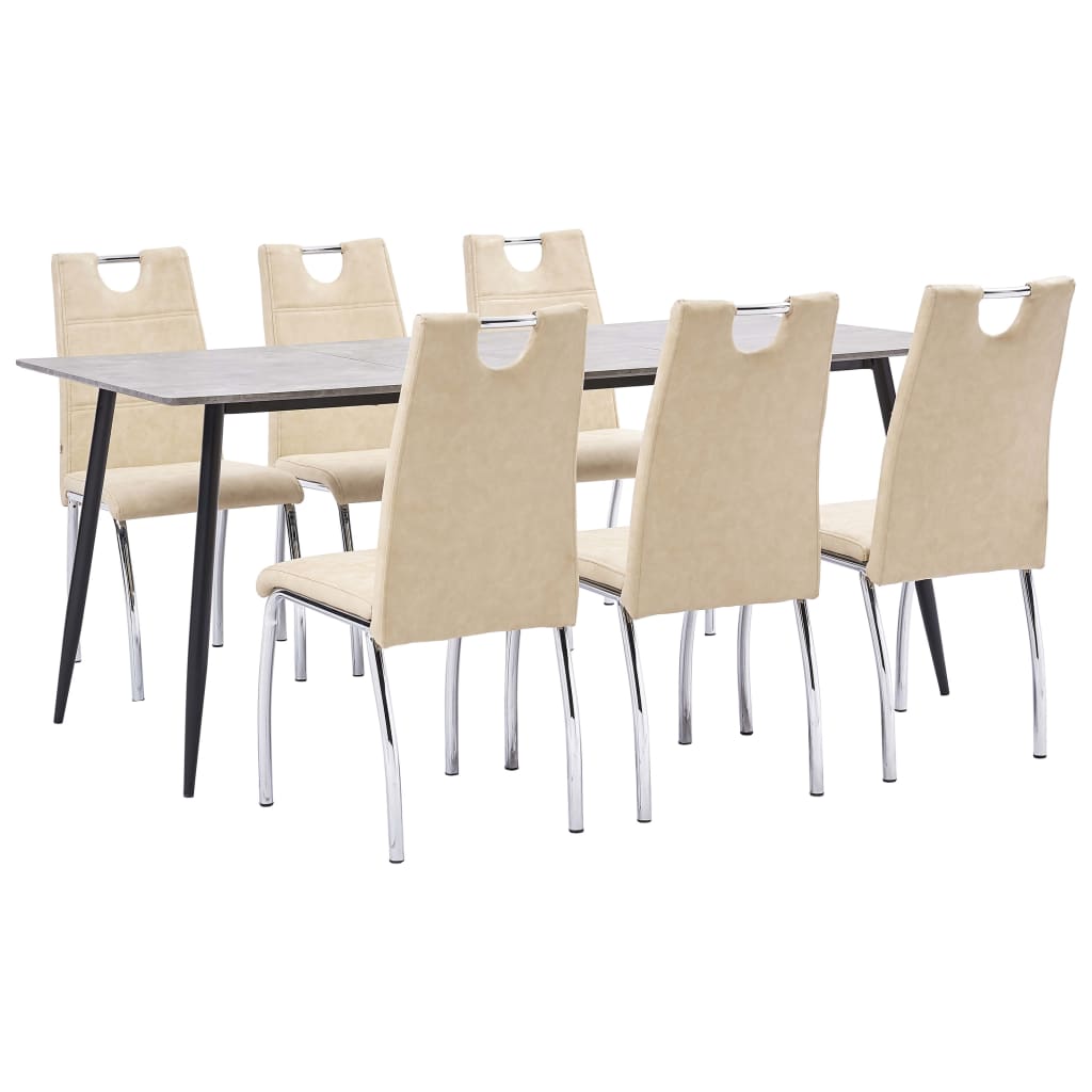 Set mobilier de living 7 piese, masa cu 6 scaune, vidaXL, Piele artificiala, 180 x 90 x 75 cm, Crem