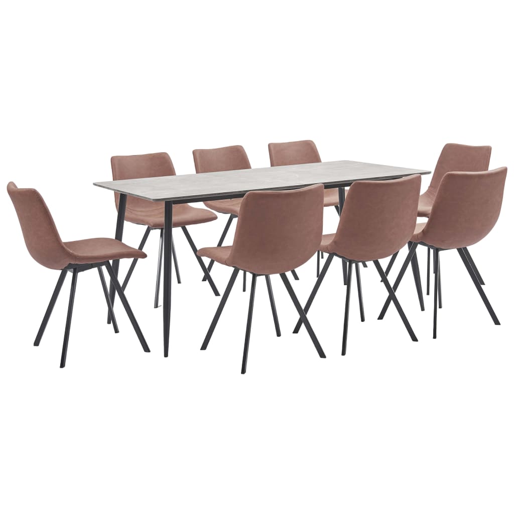 Set mobilier de bucatarie cu 1 masa si 8 scaune tapitate cu piele ecologica, vidaXL, Piele artificiala, 160 x 80 x 75cm, Maro deschis