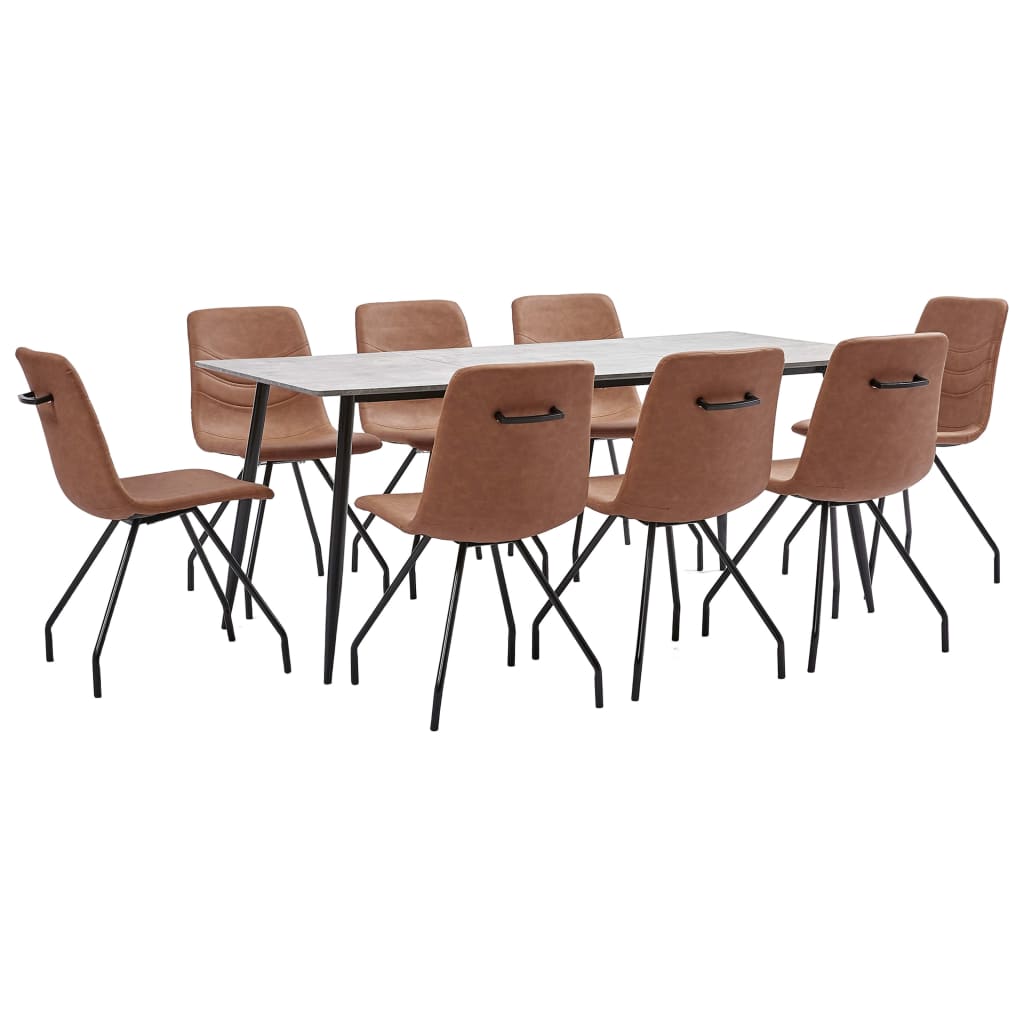 Set mobilier de bucatarie cu 1 masa si 8 scaune cu maner tapitate cu piele ecologica, vidaXL, Piele artificiala, 180 x 90 x 75 cm, Maro