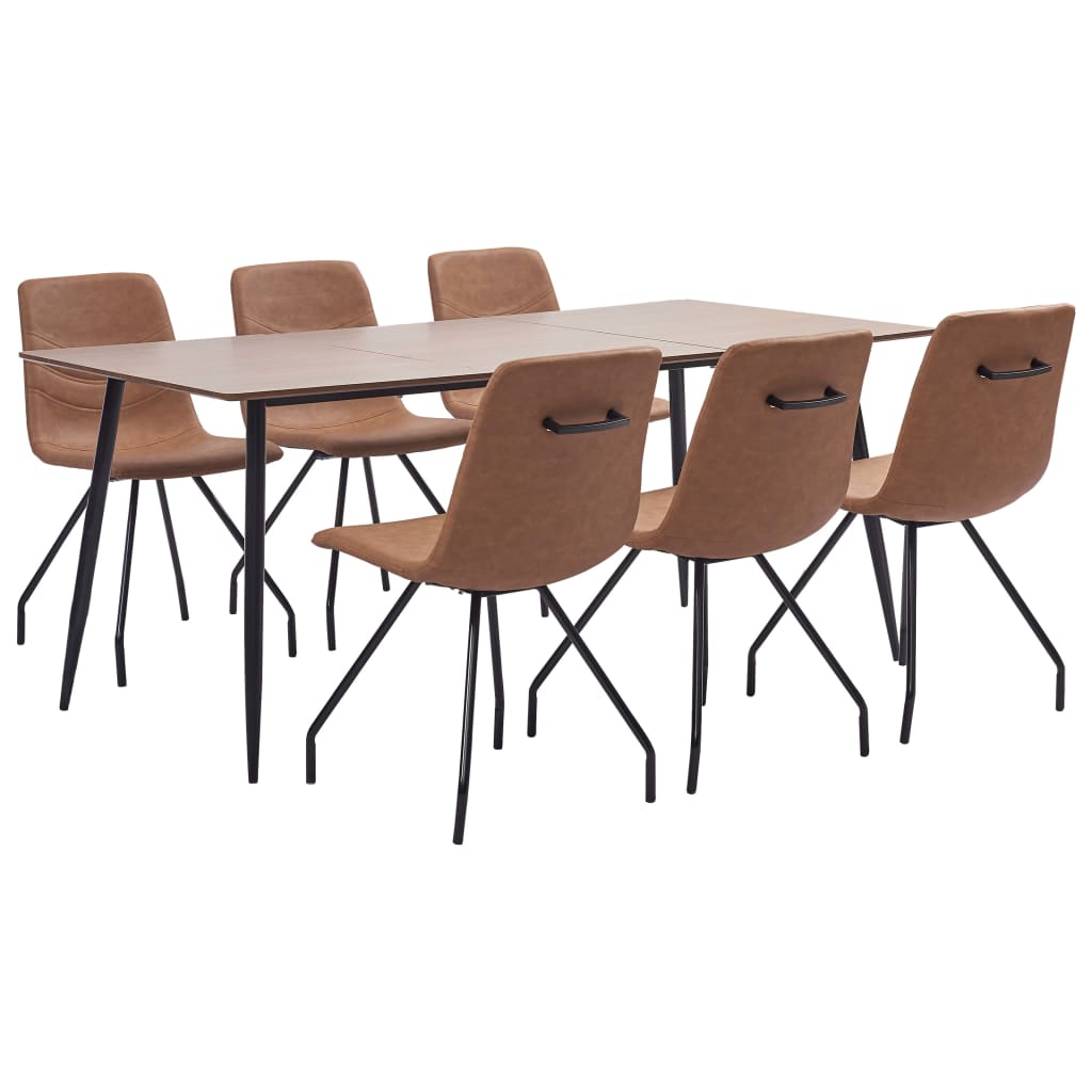 Set de 7 piese masa cu 6 scaune de bucatarie, vidaXL, Piele ecologica/MDF/Otel, 180 x 90 x 75 cm, Maro mat