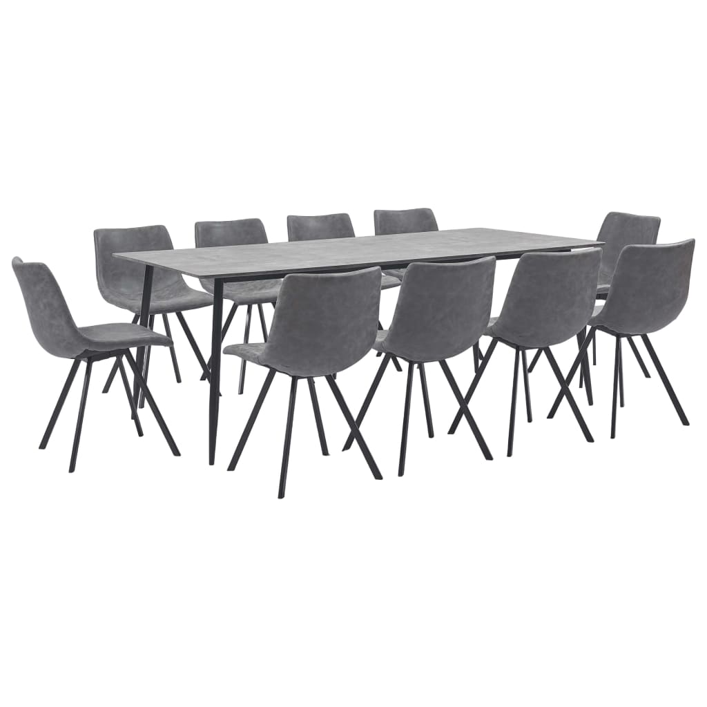Set mobilier de bucatarie cu 1 masa si 10 scaune tapitate cu piele ecologica, vidaXL, Piele artificiala, 200 x 100 x 75 cm, Gri