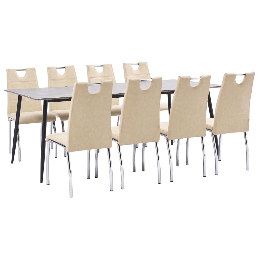 Set de masa de bucatarie cu 8 scaune cu maner tapitate, vidaXL, Piele artificiala, 45 x 60 x 94 cm, Crem