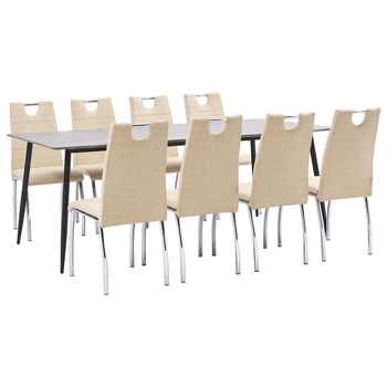 Set de masa de bucatarie cu 8 scaune cu maner tapitate, vidaXL, Piele artificiala, 45 x 60 x 94 cm, Crem
