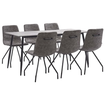 Set mobilier de bucatarie cu 1 masa si 6 scaune cu maner tapitate, vidaXL, Piele artificiala, 160 x 80 x 75 cm, Maro inchis Set mobilier de bucatarie cu 1 masa si 6 scaune cu maner tapitate, vidaXL, Piele artificiala, 160 x 80 x 75 cm, Maro inchis