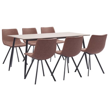 Set mobilier de living 7 piese, masa cu 6 scaune, vidaXL, Piele ecologica/MDF, 180 x 90 x 75 cm, Maro inchis Set mobilier de living 7 piese, masa cu 6 scaune, vidaXL, Piele ecologica/MDF, 180 x 90 x 75 cm, Maro inchis