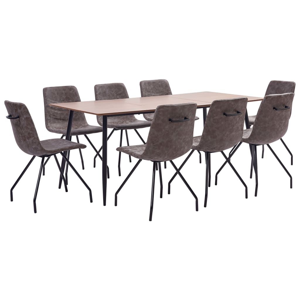 Set de 11 piese masa cu 10 scaune de bucatarie, vidaXL, Piele ecologica/MDF/Otel, 180 x 90 x 75 cm, Maro