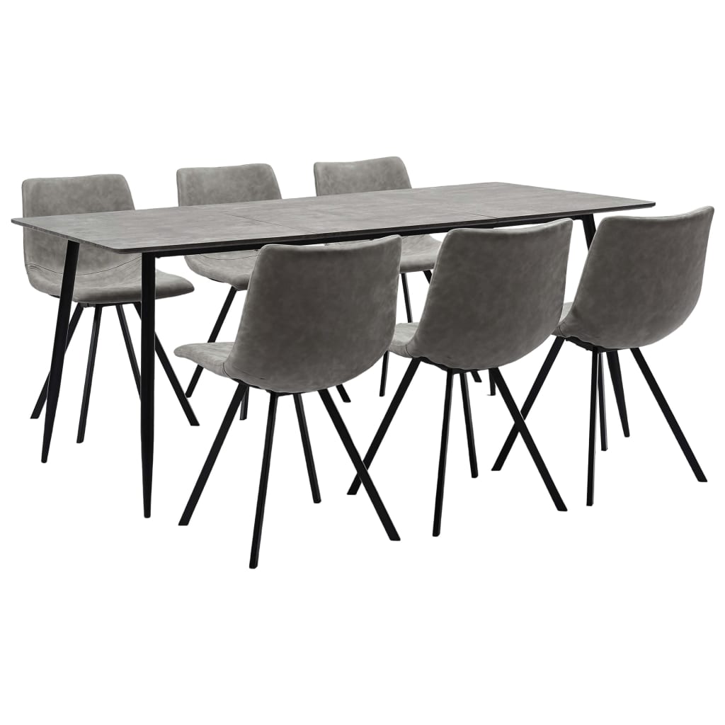 Set mobilier de bucatarie cu 1 masa si 6 scaune tapitate cu piele ecologica, vidaXL, Piele artificiala, 180 x 90 x 75 cm, Gri deschis
