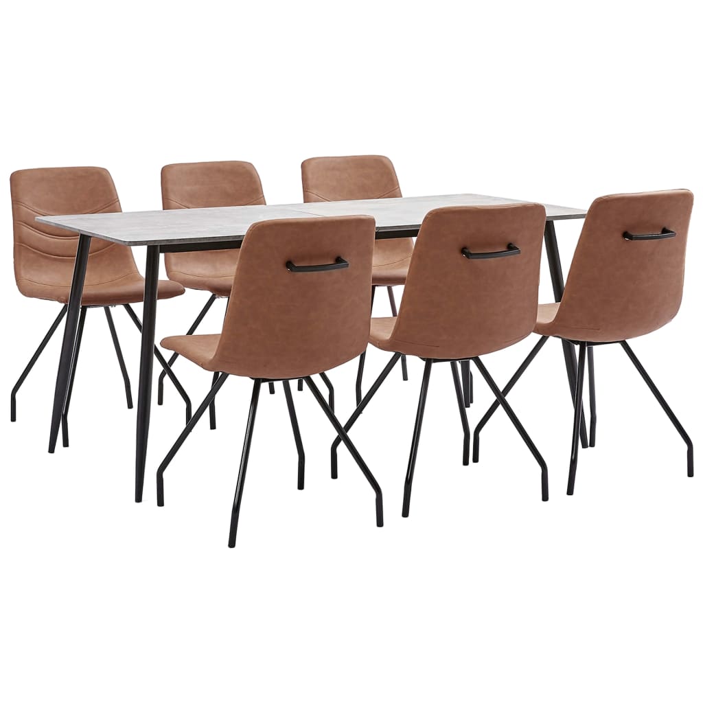 Set mobilier de bucatarie cu 1 masa si 6 scaune cu maner tapitate, vidaXL, Piele artificiala, 160 x 80 x 75 cm, Maro