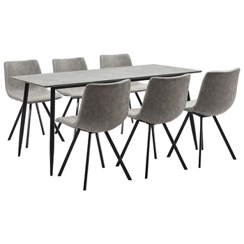 Set mobilier de bucatarie cu 1 masa si 6 scaune tapitate cu piele ecologica, vidaXL, Piele artificiala, 160 x 80 x 75 cm, Gri deschis Set mobilier de bucatarie cu 1 masa si 6 scaune tapitate cu piele ecologica, vidaXL, Piele artificiala, 160 x 80 x 75 cm, Gri deschis