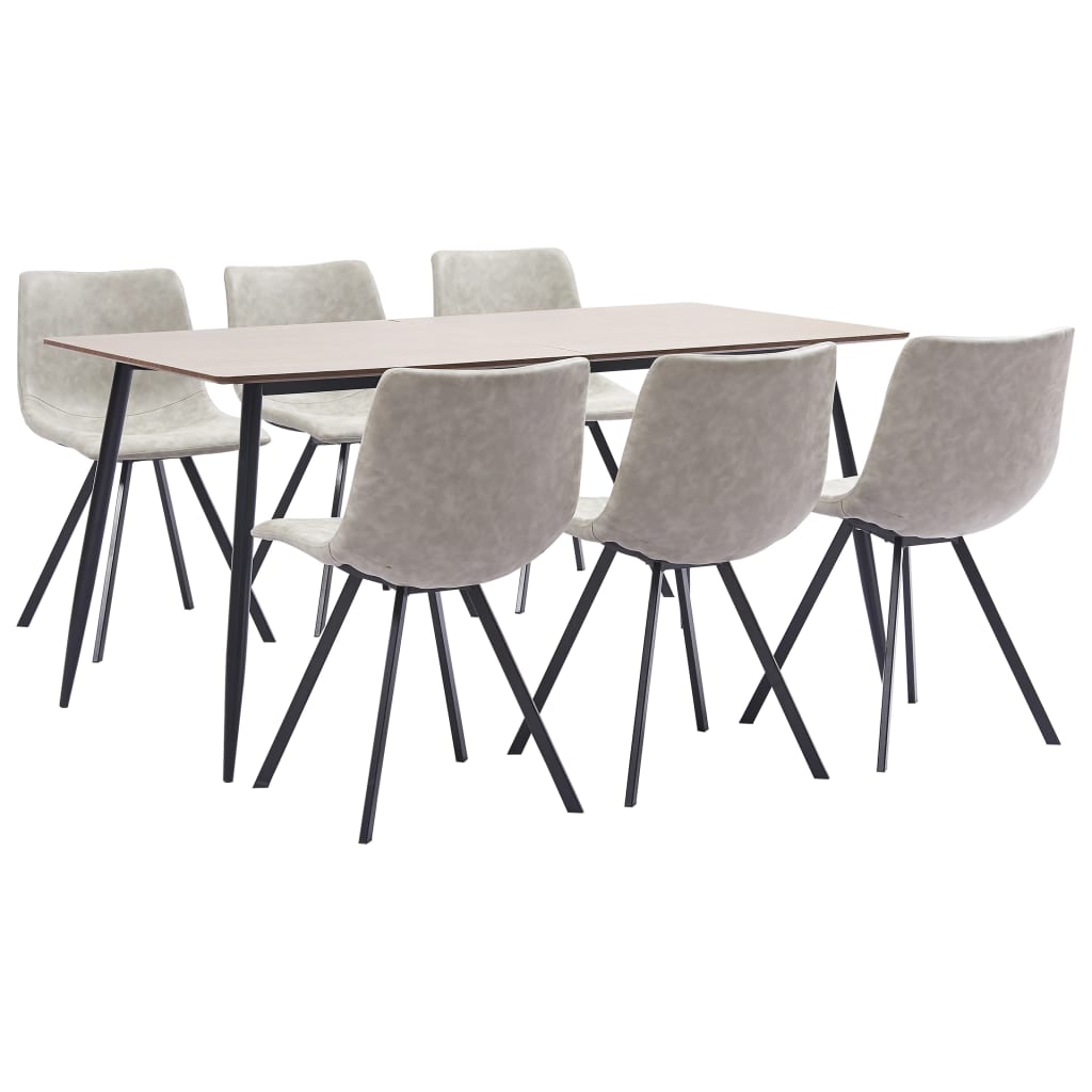 Set mobilier de living 7 piese, masa cu 6 scaune, vidaXL, Piele ecologica/MDF, 180 x 90 x 75 cm, Gri foarte deschis
