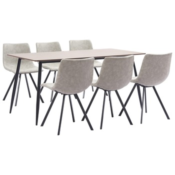 Set mobilier de living 7 piese, masa cu 6 scaune, vidaXL, Piele ecologica/MDF, 180 x 90 x 75 cm, Gri foarte deschis Set mobilier de living 7 piese, masa cu 6 scaune, vidaXL, Piele ecologica/MDF, 180 x 90 x 75 cm, Gri foarte deschis