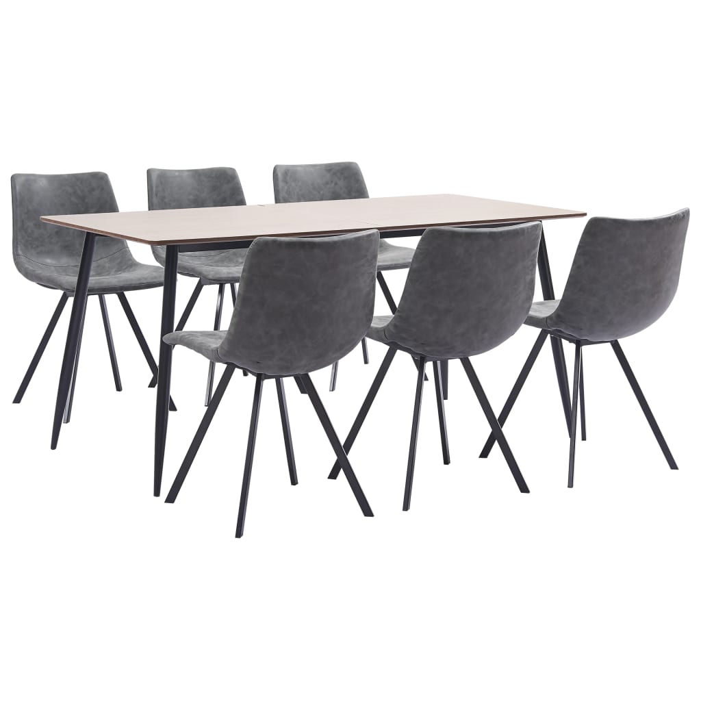 Set mobilier de living 7 piese, masa cu 6 scaune, vidaXL, Piele ecologica/MDF/Otel, 180 x 90 x 75 cm, Gri inchis