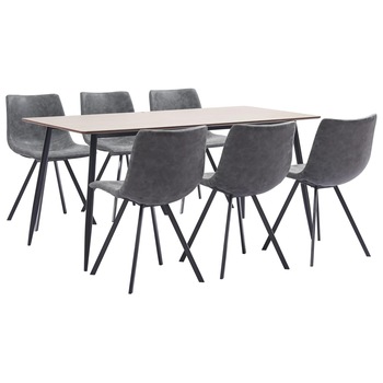 Set mobilier de living 7 piese, masa cu 6 scaune, vidaXL, Piele ecologica/MDF/Otel, 180 x 90 x 75 cm, Gri inchis Set mobilier de living 7 piese, masa cu 6 scaune, vidaXL, Piele ecologica/MDF/Otel, 180 x 90 x 75 cm, Gri inchis