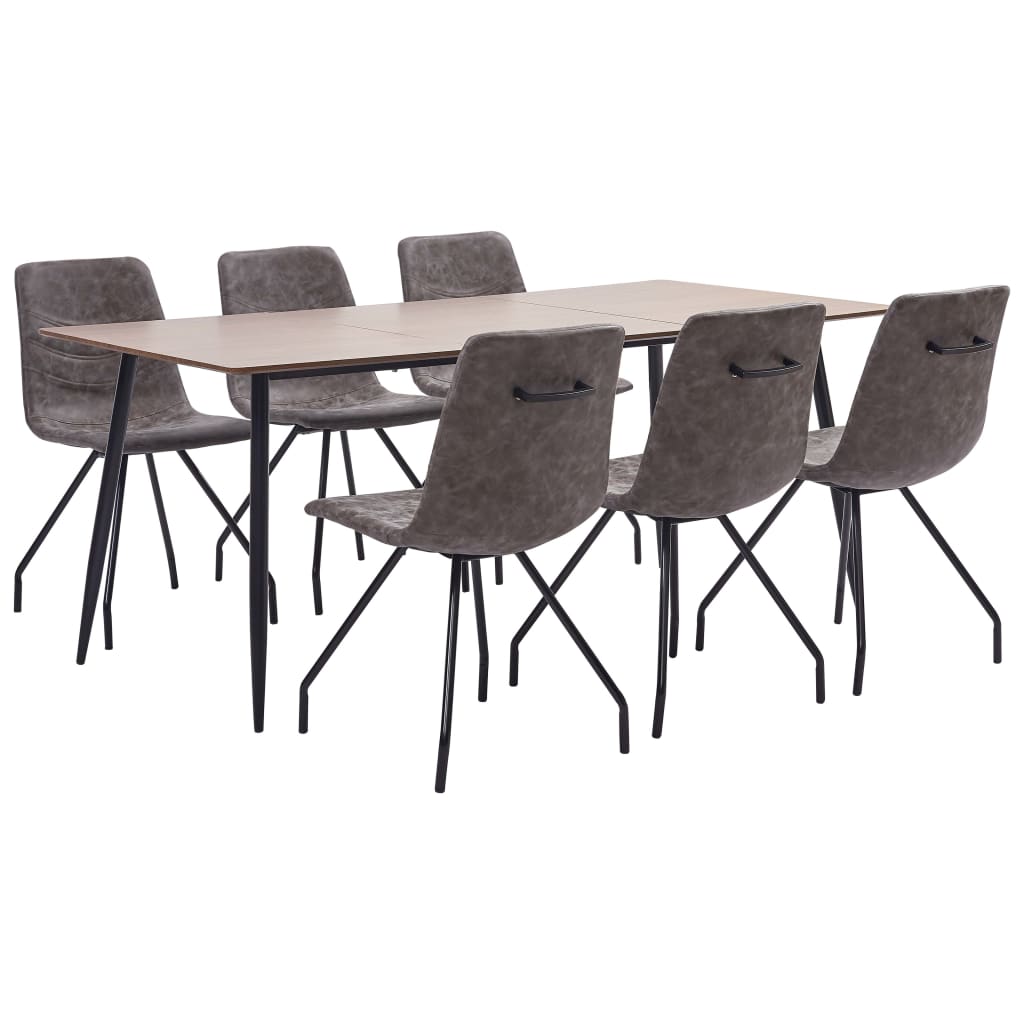Set de 7 piese masa cu 6 scaune de bucatarie, vidaXL, Piele ecologica/MDF/Otel, 180 x 90 x 75 cm, Maro
