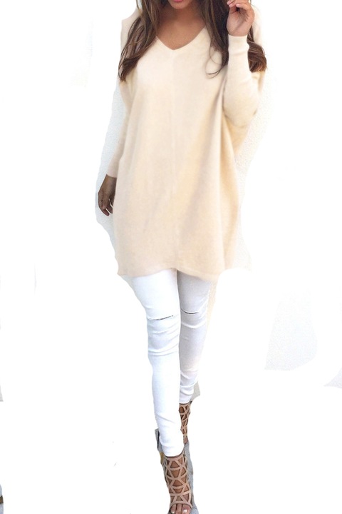 Pulover de dama, JUP, Bumbac/Poliester, Decolteu in V, Ecru, L