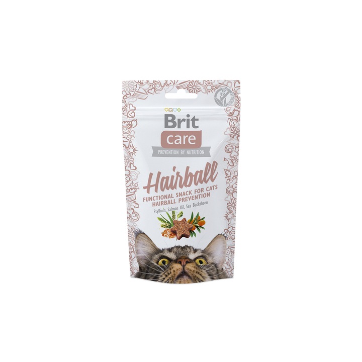 Set de 6 bucati de Brit Care Cat Snack Hairball, gustare umeda pentru pisici, 50gr