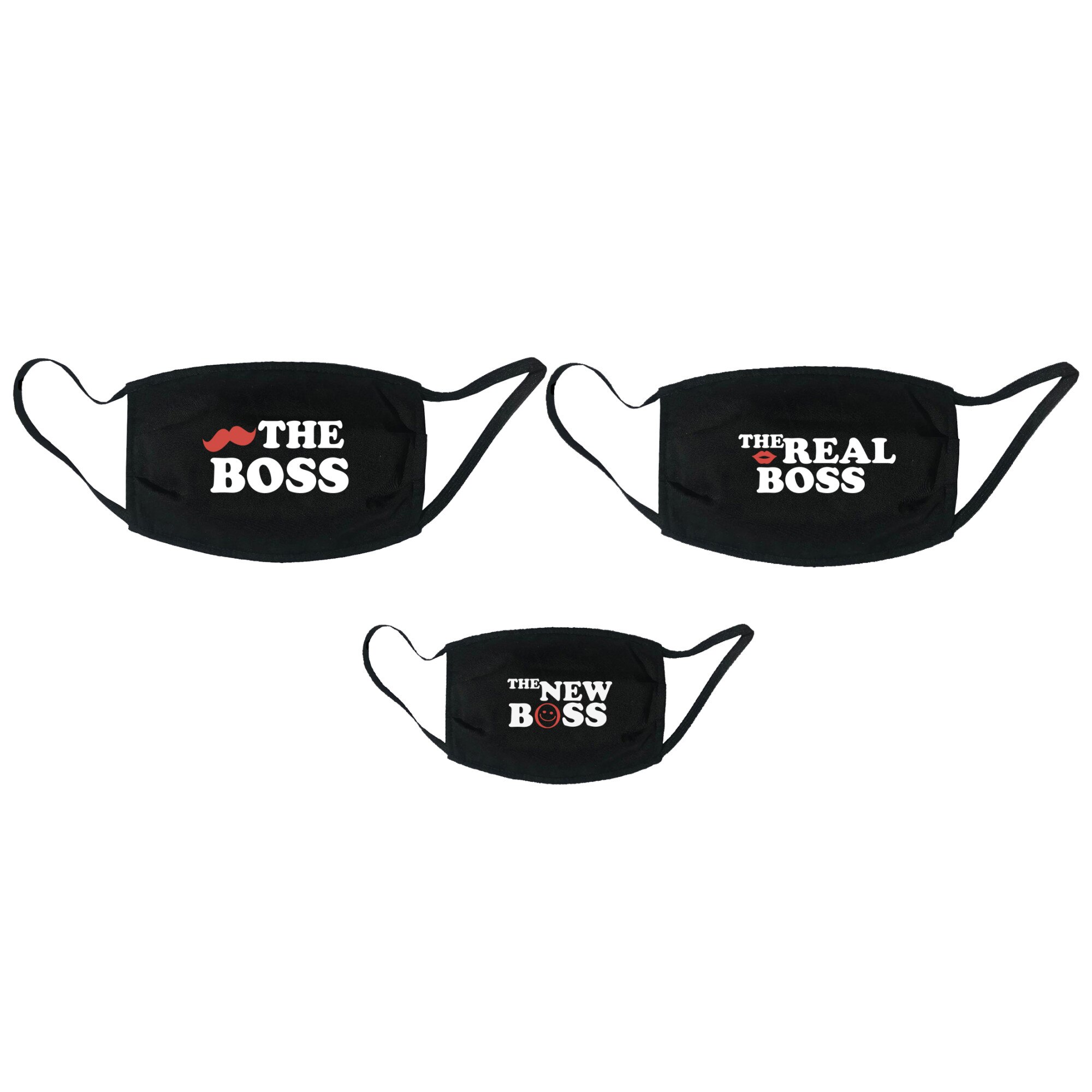 Set 3 masti personalizate Mayka reutilizabile, 2 Adulti+copil 5-8 ani, din material textil, cu imprimeu ”The Bosses” , negre