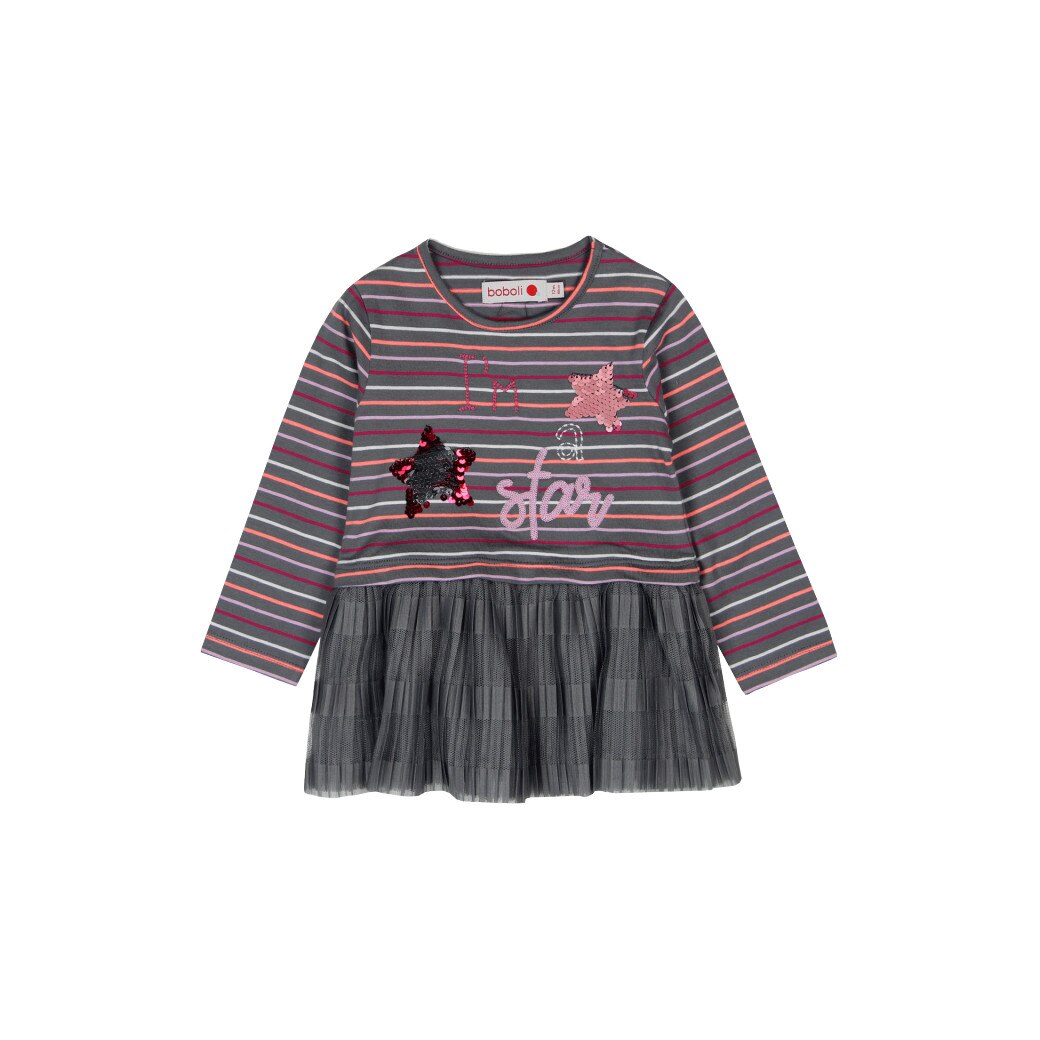 Rochie gri cu dungi, volan din tull si maneca lunga, Boboli, 3 ani, 98 cm