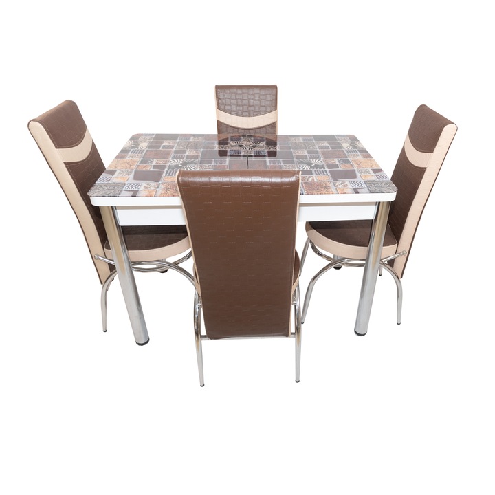 Set masa San Marino cu 4 scaune, DENVER, extensibila, model mozaic, blat sticla securizata, 70x110/140
