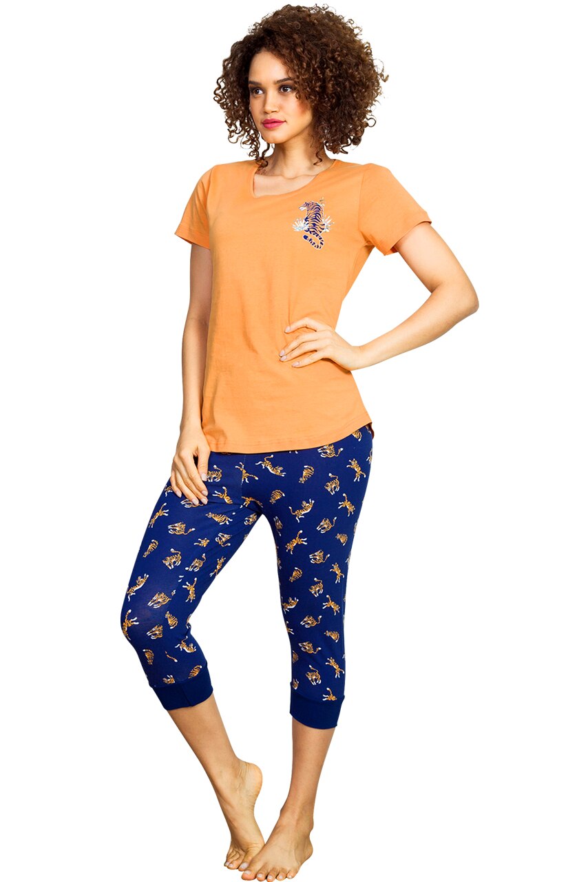 Pijama Dama, Vienetta, Model Wild and Sexy, Culoare Portocaliu/Albastru