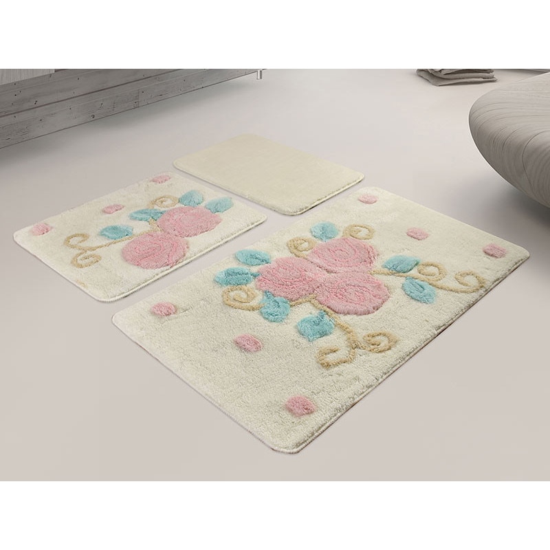 Set 3 Covorase de Baie, Chilai Home, model Jardin Ekru , Acrilic