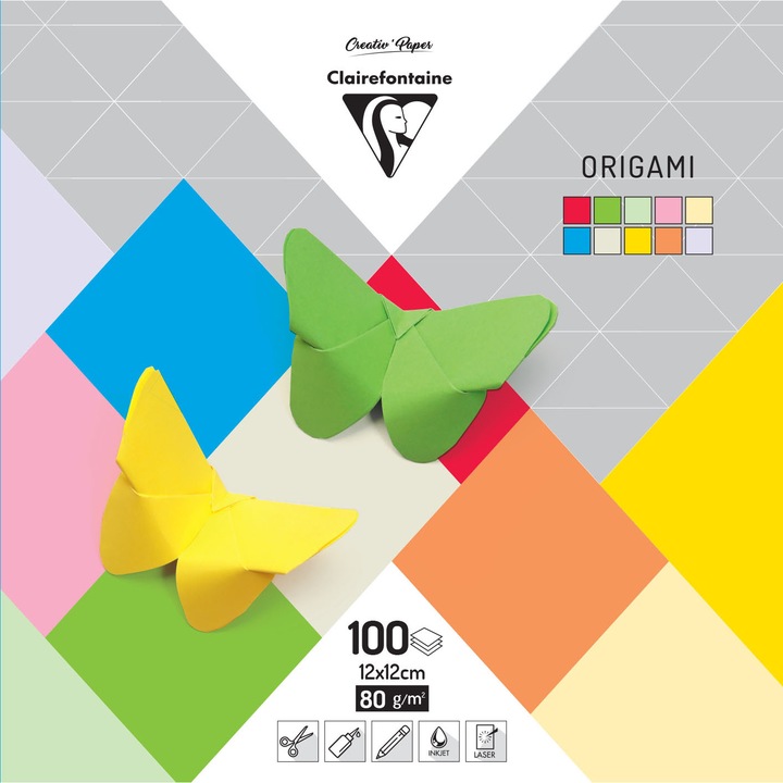 Hartie origami Clairefontaine, 12x12 cm, 100 coli/set, 80 g/mp, 10 culori