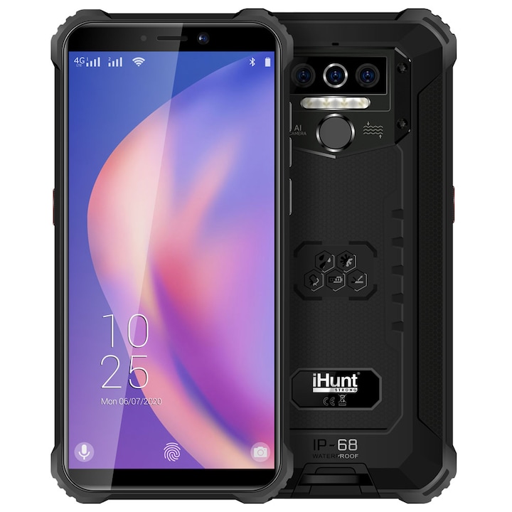 iHunt TITAN P8000 PRO 2021 Mobiltelefon, Kártyafüggetlen, 4G+, 8000mAh, Triple Camera 13MP, 5.5-inch HD+ Gorilla Glass, IP68, 4GB + 32GB, Android 10, Fekete