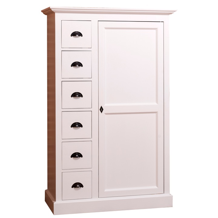 Dulap Szel-Mob cu 1 usa, 6 sertare, culoare alb, vopsit, 100% lemn masiv, 160x101x59 cm