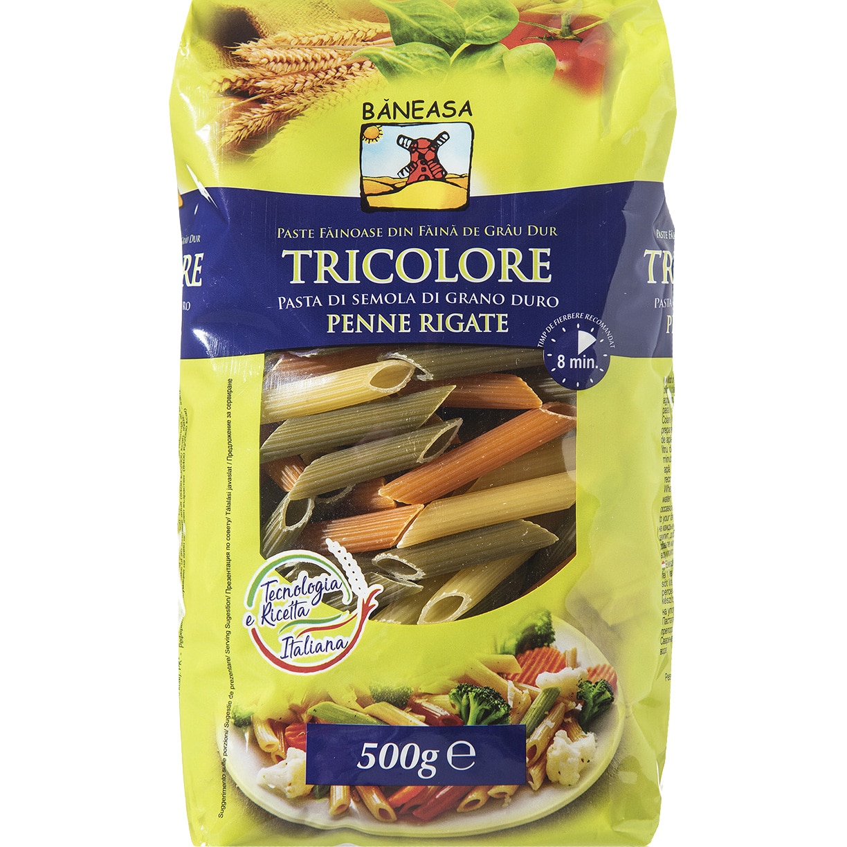 Paste penne tricolore din grau dur Baneasa, 500 g