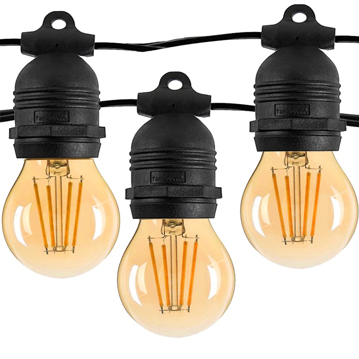 Optonica Led Kültéri/beltéri fényfüzér, 15 db Fix E27 foglalattal, 15 db Tompítható 4W-os izzóval, 15 m, 2500K, G45, Meleg fény, Összekapcsolható
