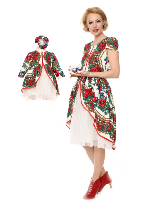 Set 2 rochii Mama & Fiica Traditional Stilizate, FamilyFashion, ivoire, 44, fetita 6-9 luni
