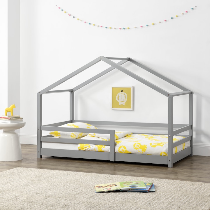 [en.casa]® Gyerekágy ágyráccsal 80x160 cm ház design gyermekágy házikó forma fenyőfa világosszürke lakkozott