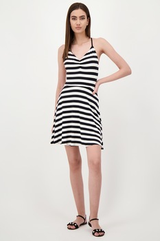 United Colors of Benetton, Rochie mini evazata, cu decolteu in V, Negru/Alb United Colors of Benetton, Rochie mini evazata, cu decolteu in V, Negru/Alb