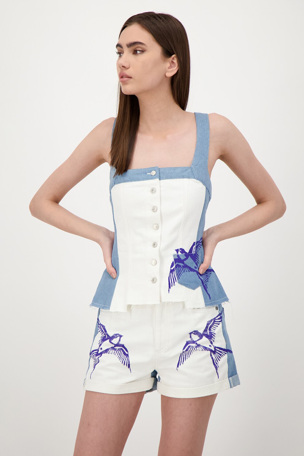 United Colors of Benetton, Top din denim cu imprimeu grafic, Alb/Albastru lavanda, L