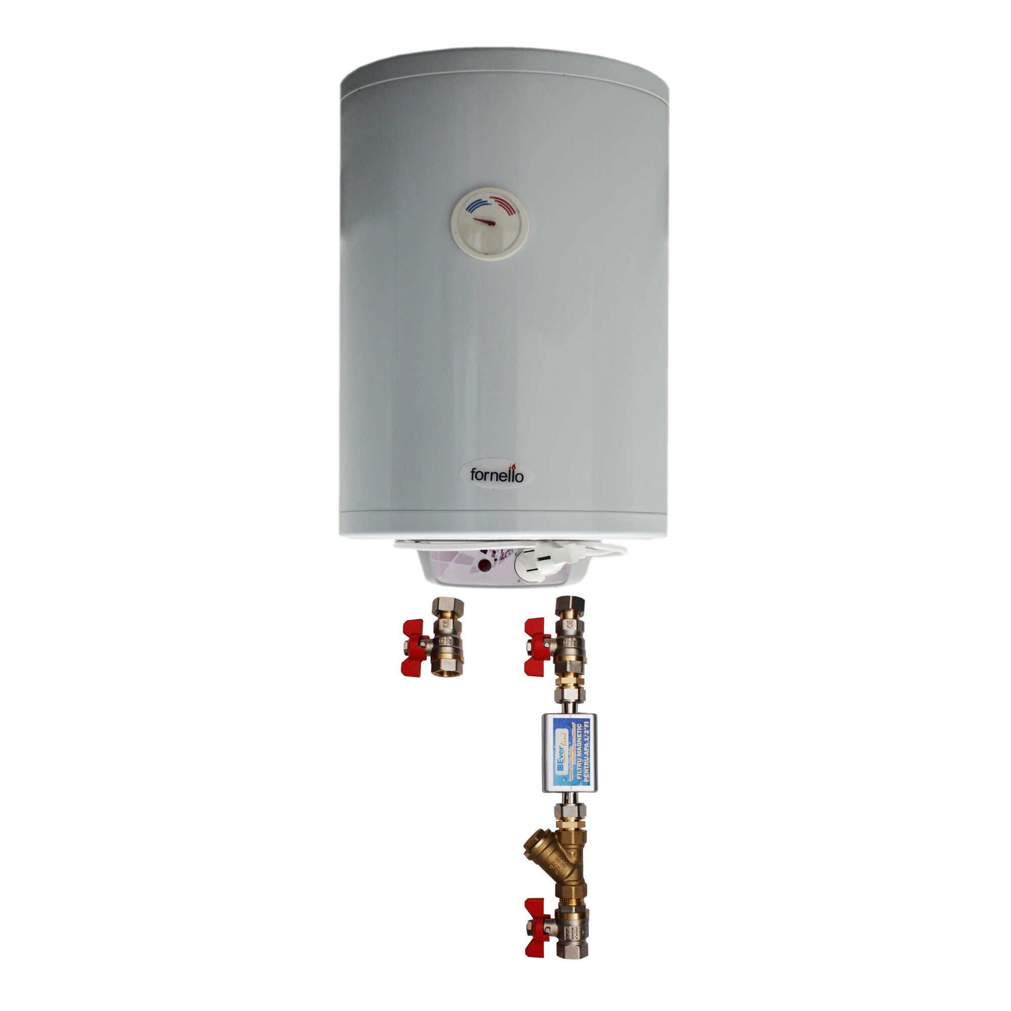 Pachet Boiler electric Fornello Titanium Plus SLIM 30 litri, 2000 watt, reglaj extern al temperaturii, emailat cu titan, diametru 360 mm, cablu, stecher, supapa de siguranta si kit de montaj inclus
