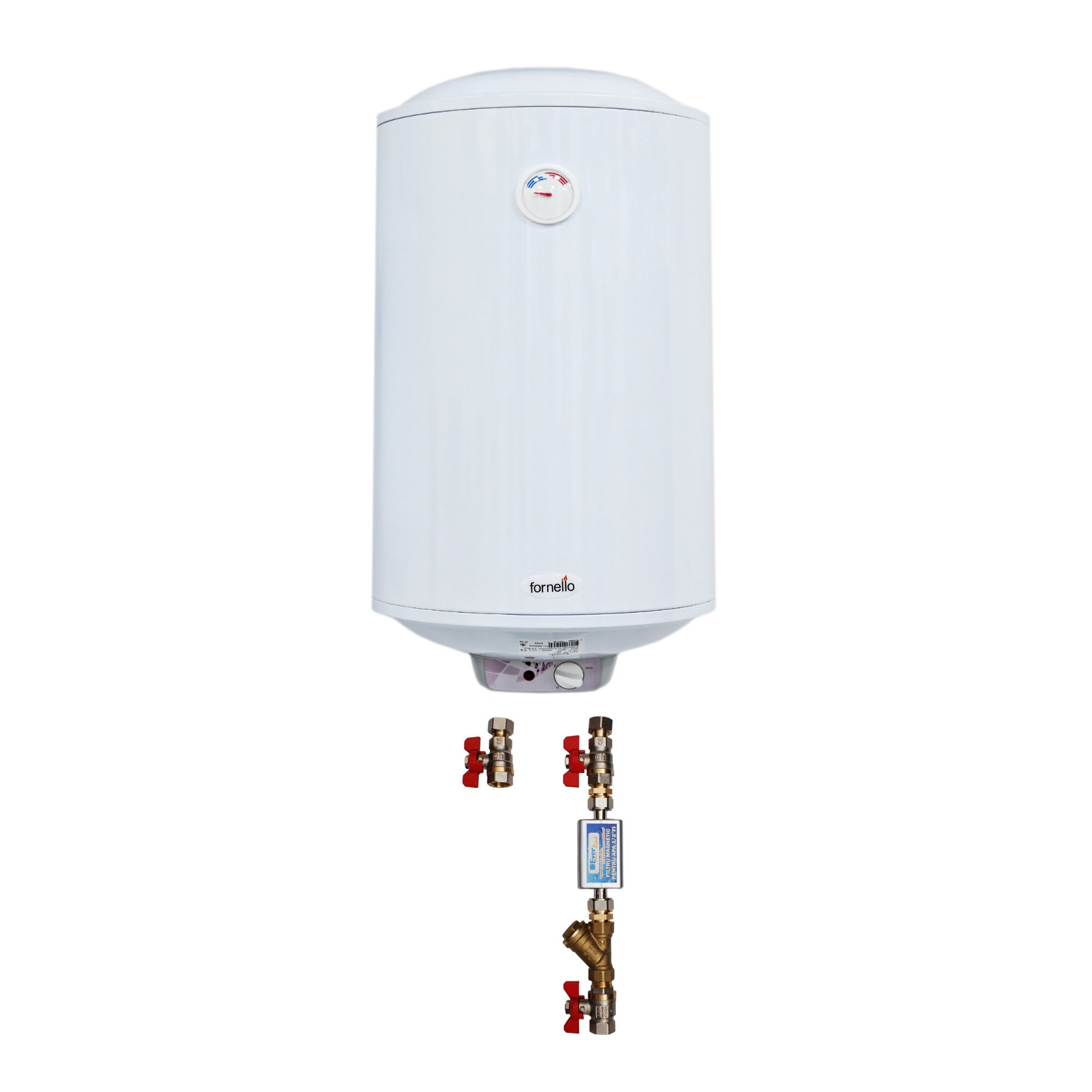 Pachet Boiler electric Fornello Titanium Plus 100 litri, 2000 watt, reglaj extern al temperaturii, emailat cu titan, cablu, stecher, supapa de siguranta, si kit de montaj inclus