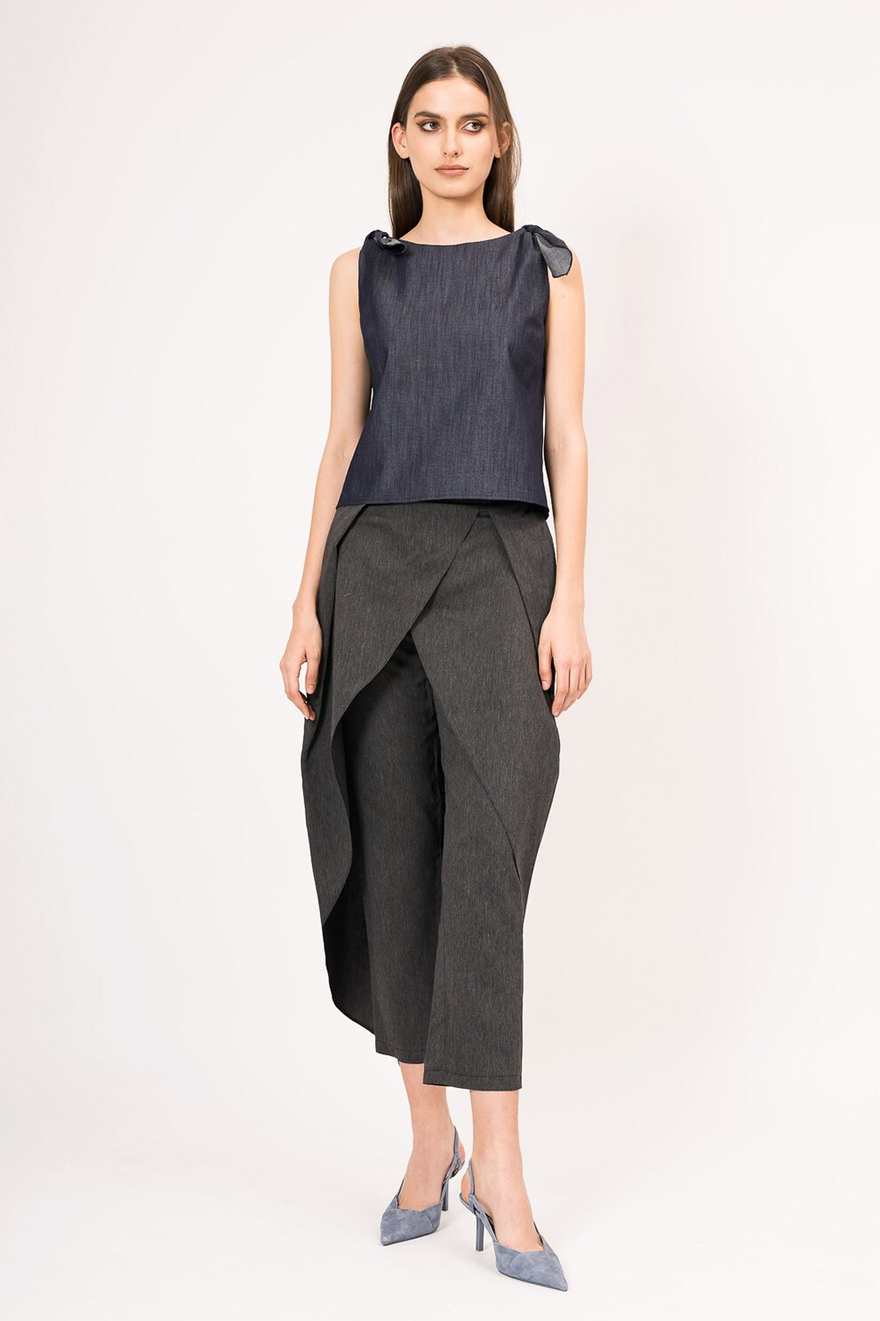 BLUZAT, Top din denim cu detalii innodate, Bleumarin, L