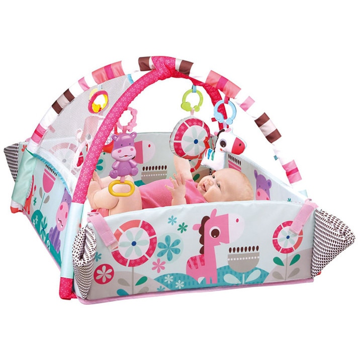 Centru de activitati 5 in 1 si salteluta de joaca pentru bebelusi si copii cu 4 jucarii, 30 de bile multicolore, 12 melodii diferite 