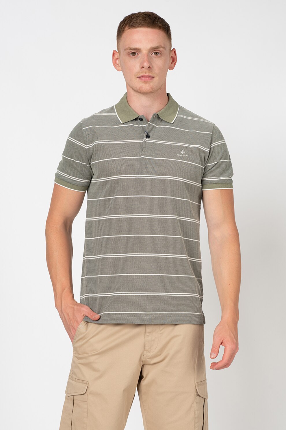 Gant, Tricou polo cu dungi inguste, Verde sparanghel/Alb