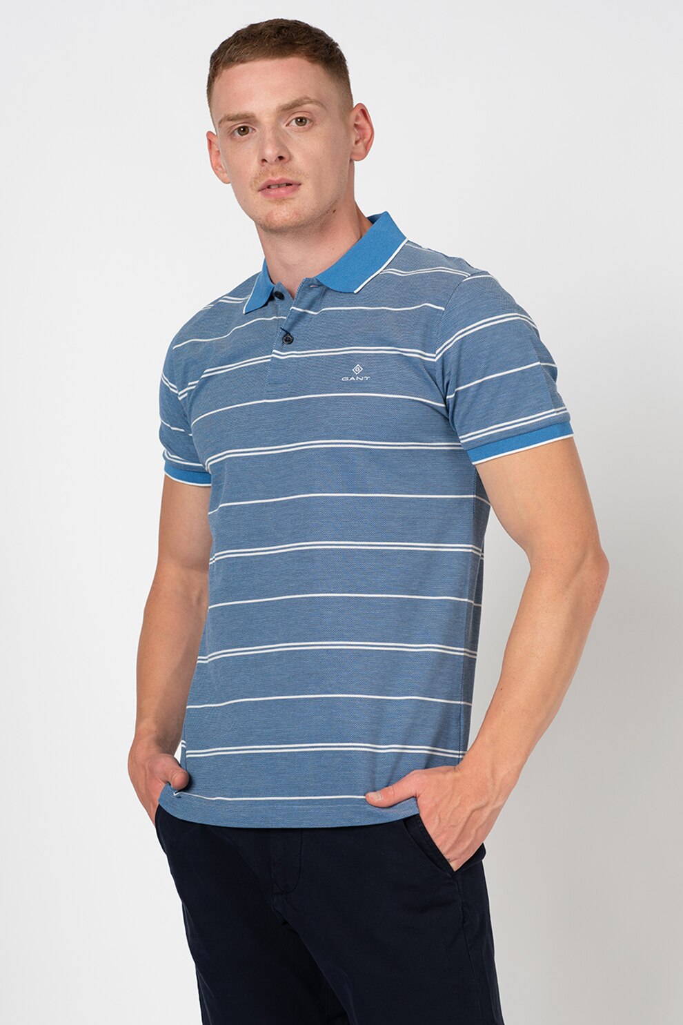 Gant, Tricou polo cu dungi inguste, albastru inchis/alb