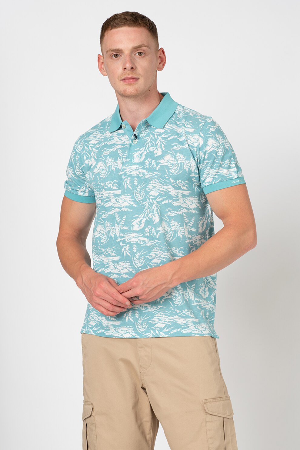 Gant, Tricou polo cu model tropical, Albastru acvamarin/Alb