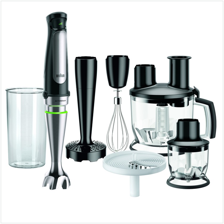 Пасатор Braun MQ7087X, 1000 W, Mepитeлeн кoнтeйнep 0.6 л, Кухненски робот 1.5 л, Чопър 0.35 л, Аксесоар за пюре, Тел, Променлива скорост, Черен